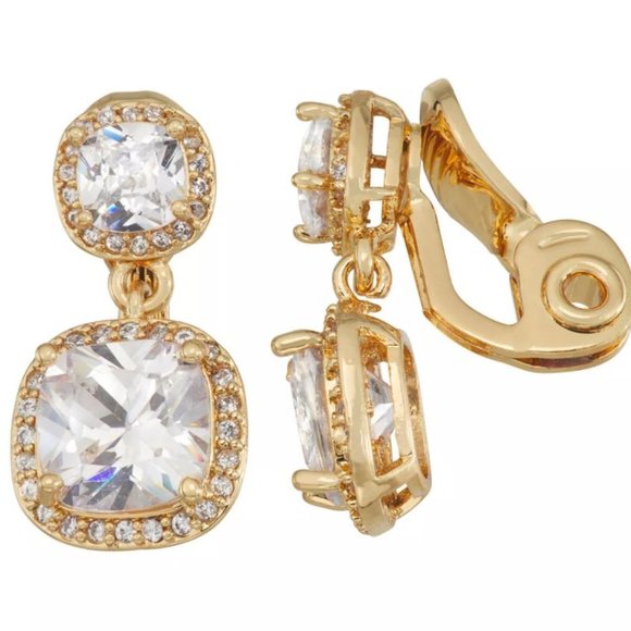 Gold Tone Haloed Double Drop Earrings - Picture 1 of 3